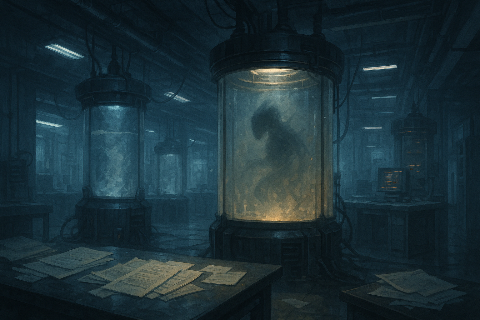 A dark laboratory filled with Genesis containment chambers