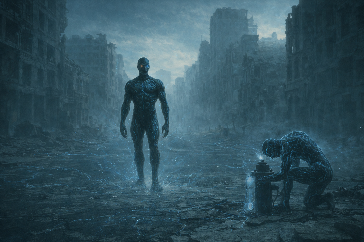 A powerful altered figure standing inside a ruined city
